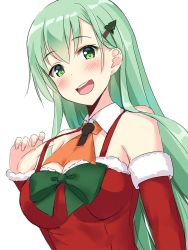 Rule 34 | 10s, 1girl, :d, alternate costume, bad id, bad pixiv id, blush, breasts, christmas tree hair ornament, cleavage, cocona (coconacafe), detached collar, detached sleeves, fur-trimmed sleeves, fur trim, green eyes, green hair, hair ornament, hand up, kantai collection, long hair, looking at viewer, medium breasts, open mouth, santa costume, simple background, smile, solo, spaghetti strap, suzuya (kancolle), teeth, upper body, very long hair, white background, wing collar