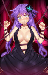 Rule 34 | 1girl, areola slip, arms up, bad id, bad pixiv id, bare shoulders, bdsm, black dress, blue eyes, blush, bondage, bound, braid, breasts, cable, cleavage, collarbone, dress, flower, hair flower, hair ornament, large breasts, long hair, looking at viewer, navel, neptune (series), nervous, nt00, power symbol, power symbol-shaped pupils, purple hair, purple heart (goddesses&#039; promise), purple heart (neptunia), restrained, solo, spread legs, symbol-shaped pupils, twin braids, twintails, very long hair