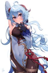 Rule 34 | 1girl, ahoge, armpits, bare shoulders, bell, black legwear, blue gloves, blue hair, blush, breasts, chinese knot, covered navel, detached sleeves, flower knot, ganyu (genshin impact), genshin impact, gloves, gold trim, highres, horns, izulizuru, legs together, long hair, looking at viewer, medium breasts, neck bell, parted lips, purple eyes, red rope, rope, sideboob, sidelocks, signature, solo, steaming body, sweat, tassel, thighlet, thighs, vision (genshin impact), white background, white sleeves