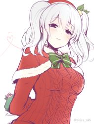Rule 34 | 10s, 1girl, aran sweater, arms behind back, bell, blue eyes, blush, bow, bowtie, breasts, cable knit, capelet, christmas, fur trim, gift, hair bell, hair ornament, hat, kantai collection, kashima (kancolle), leaf, long hair, shirogane rio (artist), silver hair, sketch, smile, solo, sweater, twintails, twitter username, upper body, wavy hair