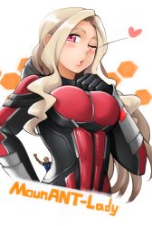 Rule 34 | 10s, 1boy, 1girl, ;o, absurdres, ant-man, ant-man (cosplay), ant-man (movie), blonde hair, blowing kiss, blush, bodysuit, boku no hero academia, breasts, cosplay, crossover, flying sweatdrops, giant, giantess, gloves, hand on own chest, hand on own hip, heart, helmet, highres, kamui woods, large breasts, long hair, looking at viewer, marvel, marvel cinematic universe, mount lady, one eye closed, parody, parted lips, pink eyes, platinum blonde hair, power connection, purple eyes, size difference, solo focus, superhero costume, underbust, very long hair, waving, wink, yaobin yang, zipper, zipper pull tab