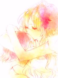 1boy 1girl akizuki_hakuto bad_id bad_pixiv_id blonde_hair closed_eyes commentary_request dress flower freckles hair_flower hair_ornament hibiscus hug kiss long_hair mother_and_son one_piece portgas_d._ace portgas_d._rouge short_sleeves simple_background white_background