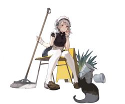 Rule 34 | 1girl, animal, apron, bare arms, black cat, black dress, borrowed character, bucket, cat, dress, grey hair, hair ornament, hand up, highres, loafers, looking at viewer, maid, maid apron, maid headdress, mole, mole under eye, mop, original, pantyhose, rainli, red eyes, shoes, short dress, short hair, short sleeves, simple background, sitting, solo, tana (aiko), two side up, waist apron, white background, white pantyhose, wrist cuffs, x hair ornament
