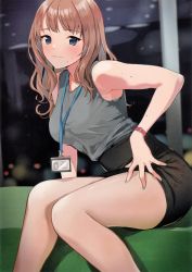 Rule 34 | 1girl, absurdres, arm support, blue eyes, blue nails, blush, bra, bra peek, breasts, brown hair, closed mouth, collarbone, doushimasho, highres, id card, lanyard, long hair, looking at viewer, medium breasts, miniskirt, mole, mole on arm, mole on armpit, mole on thigh, mole under mouth, nail polish, office lady, original, pencil skirt, scan, shirt, sitting, skirt, sleeveless, sleeveless shirt, smile, solo, thighs, third-party source, underwear, watch, wristwatch