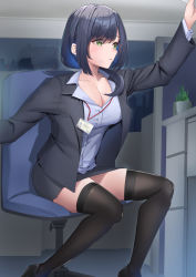 Rule 34 | 1girl, black footwear, black hair, black jacket, black skirt, black thighhighs, breasts, chair, closed mouth, collared shirt, commentary request, green eyes, highres, jacket, large breasts, long sleeves, medium hair, office lady, open clothes, open jacket, original, shirt, shougun (chuckni1), sitting, skirt, solo, thighhighs, thighs, white shirt