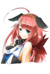 Rule 34 | ahoge, animal ears, asymmetrical bangs, bare shoulders, black gloves, blue eyes, blue neckerchief, closed mouth, collar, collarbone, collared shirt, commentary request, dog ears, elbow gloves, fingerless gloves, gloves, hair ribbon, hairband, highres, kantai collection, kawakaze (kancolle), long hair, looking at viewer, low twintails, neckerchief, one-hour drawing challenge, red hair, red ribbon, ribbon, shirt, sidelocks, simple background, sleeveless, sleeveless shirt, smile, solo, taisinkoku, twintails, very long hair, white background, yellow hairband