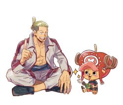 Rule 34 | 2boys, :3, abs, blonde hair, blush stickers, book, choko egg, crossed legs, doctor, highres, holding, holding book, holding microphone, hongou, jacket, looking at another, microphone, multicolored hair, multiple boys, one piece, open clothes, open jacket, pectorals, ponytail, simple background, sitting, size difference, smile, tony tony chopper, two-tone hair, white background