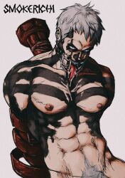 Rule 34 | 1boy, abs, absurdres, arms behind back, bara, character request, check copyright, copyright request, dorohedoro, gradient skin, grey hair, highres, large pectorals, looking at viewer, male focus, male pubic hair, muscular, muscular male, navel, navel hair, nipples, nude, pectorals, pubic hair, saliva, short hair, smokerichi, solo, tongue, tongue out