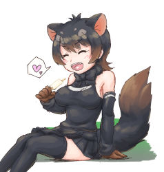 Rule 34 | 1girl, blush, breasts, dress, eating, closed eyes, food, food in mouth, heart, holding, holding food, ice cream, kemono friends, kemono friends 3, large breasts, mikan toshi, miniskirt, open mouth, popsicle, skirt, sleeveless, sleeveless dress, solo, spoken heart, tasmanian devil (kemono friends), tasmanian devil ears, tasmanian devil tail, thighhighs