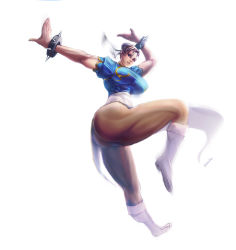 Rule 34 | 1990s (style), 1girl, ass, boots, bracelet, breasts, brown eyes, brown hair, capcom, china dress, chinese clothes, chun-li, double bun, dress, highres, jewelry, large breasts, legs, muscular, pantyhose, pelvic curtain, short hair, socha (pixiv99744), solo, spiked bracelet, spikes, street fighter, street fighter ii (series), thick thighs, thighs