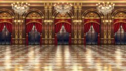 Rule 34 | azuma hatori, ballroom, candelabra, candle, candlestand, chandelier, checkered floor, curtains, european architecture, highres, indoors, muntins, night, no humans, official art, prince kingdom, scenery, window