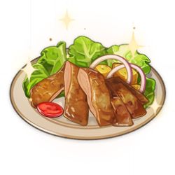 Rule 34 | artist request, chicken (food), commentary, english commentary, food, food focus, game cg, genshin impact, lettuce, lowres, no humans, official art, onion, plate, potato, simple background, sparkle, still life, third-party source, tomato, tomato slice, transparent background