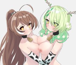 Rule 34 | 2girls, absurdres, ahoge, animal print, asymmetrical docking, bell, black choker, braid, breast press, breasts, brown eyes, brown hair, ceres fauna, choker, closed mouth, cow print, cowbell, flower, green hair, hair flower, hair ornament, highres, hololive, hololive english, large breasts, long hair, looking at viewer, magui3, medium breasts, mole, mole under eye, multicolored hair, multiple girls, nanashi mumei, neck bell, nipples, nude, ponytail, simple background, streaked hair, upper body, virtual youtuber, wavy hair, white hair, yellow eyes