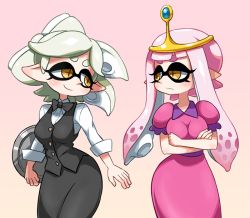 Rule 34 | + +, 2girls, adventure time, bad id, bad pixiv id, brown eyes, crossed arms, crown, dress, dress shirt, frown, fusion, grey hair, holding, inkling, inkling player character, long hair, looking at another, marie (splatoon), multiple girls, nintendo, pencil skirt, pink dress, pink hair, pointy ears, princess bonnibel bubblegum, shield, shirt, short hair with long locks, skirt, sleeves rolled up, smile, splatoon (series), splatoon 1, standing, tentacle hair, tray, twintails, vest, white shirt, yuta agc
