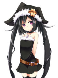Rule 34 | 1girl, amano kouki, belt, black hair, black thighhighs, choker, cowboy shot, cross, flat chest, hat, long hair, looking at viewer, note-chan, original, purple eyes, simple background, solo, thighhighs, twintails, very long hair, white background