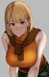 Rule 34 | 1girl, ashley graham, blonde hair, bob cut, breasts, brown eyes, capcom, green skirt, highres, large breasts, looking at viewer, orange sweater, plaid, plaid skirt, resident evil, resident evil 4, sgk, skirt, sleeveless, sleeveless sweater, sleeveless turtleneck, smile, solo, sweater, sweater around neck, turtleneck