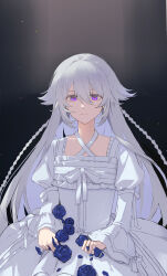Rule 34 | absurdres, blue flower, blue rose, cowboy shot, dress, expressionless, flower, highres, long hair, looking at viewer, pandora hearts, purple eyes, rose, very long hair, white dress, white hair, wide sleeves, will of the abyss, xiuning233