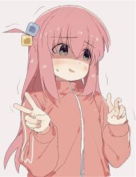 Rule 34 | 1girl, averting eyes, blue eyes, blush, bocchi the rock!, cube hair ornament, double v, fujiwchi 221b, gotoh hitori, hair between eyes, hair ornament, hands up, jacket, long hair, long sleeves, nervous smile, one side up, open mouth, pink hair, pink jacket, shaded face, simple background, smile, solo, sweatdrop, track jacket, trembling, upper body, v, white background