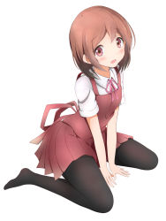 Rule 34 | 1girl, bad id, bad nicoseiga id, between legs, black pantyhose, blush, breasts, brown eyes, brown hair, highres, looking at viewer, neck ribbon, numpopo, open mouth, original, pantyhose, pleated skirt, ribbon, shirt, short hair, short sleeves, simple background, sitting, skirt, small breasts, solo, thighhighs, v arms, wariza, white background, white shirt