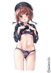 Rule 34 | 1girl, blush, bow, bow bra, bra, breasts, brown eyes, brown hair, clothes lift, clothes writing, commentary request, cowboy shot, dress, dress lift, ebifurya, from below, gluteal fold, groin, hair between eyes, hair ribbon, hat, highres, holding, kantai collection, lace, lace-trimmed bra, lace-trimmed panties, lace trim, long sleeves, looking at viewer, military hat, navel, open mouth, panties, ribbon, sailor collar, sailor dress, sailor hat, short hair, simple background, skindentation, small breasts, solo, standing, twitter username, underwear, white background, z3 max schultz (kancolle)