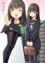 Rule 34 | 1girl, :d, :o, ^ ^, bag, black hair, black pantyhose, black serafuku, black shirt, black skirt, blue sky, bow, briefcase, brown eyes, closed eyes, collarbone, commentary request, day, fine fabric emphasis, gurande (g-size), hair between eyes, hair bow, highres, holding, holding bag, long hair, long sleeves, multiple views, neckerchief, open mouth, original, outdoors, pantyhose, parted lips, pleated skirt, school bag, school briefcase, school uniform, serafuku, shirt, skirt, sky, smile, standing, v arms, white neckerchief, yellow bow