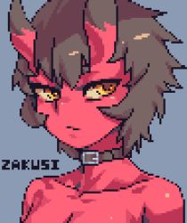 Rule 34 | 1girl, animated, belt collar, blinking, breasts, brown hair, cleavage, closed mouth, collar, collarbone, colored skin, grey background, horns, kidouko (zakusi), looking at viewer, looping animation, lowres, oni, original, pixel art, pixels, red oni, red skin, short hair, signature, simple background, solo, upper body, yellow eyes, zakusi