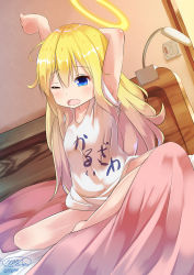 Rule 34 | 10s, 1girl, arm behind head, arm up, artist name, bad id, bad pixiv id, barefoot, blonde hair, blue eyes, chinomaron, clothes writing, dutch angle, gabriel dropout, halo, highres, indian style, long hair, on bed, one eye closed, open mouth, shirt, signature, sitting, solo, stretching, t-shirt, gabriel tenma white, twitter username, waking up, wavy mouth