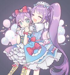 Rule 34 | 2girls, ^ ^, ahoge, balloon, blue dress, blunt bangs, bow, closed eyes, commentary request, double bun, dress, feet out of frame, frilled dress, frills, green eyes, grey background, hair bow, hair bun, heart, hug, hug from behind, idol clothes, idol time pripara, long hair, looking back, manaka laala, manaka laala (young), manaka non, methyl key, multiple girls, open mouth, pink bow, pretty series, pripara, puffy sleeves, purple hair, short hair, siblings, side ponytail, sisters, smile, standing, very long hair