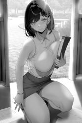 Rule 34 | 1girl, absurdres, bare arms, bare shoulders, breasts, closed mouth, collared shirt, gentsuki, greyscale, highres, holding, kneeling, large breasts, looking at viewer, monochrome, original, panties, shirt, shirt tucked in, skirt, sleeveless, sleeveless shirt, smile, solo, thighs, underwear
