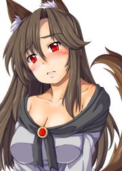 Rule 34 | 1girl, animal ears, bad id, bad pixiv id, bare shoulders, blush, breasts, brooch, brown hair, cleavage, collarbone, frown, head tilt, highres, imaizumi kagerou, jewelry, large breasts, long hair, looking at viewer, memento mori (m.m), red eyes, simple background, solo, tail, touhou, white background, wolf ears, wolf tail