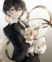 Rule 34 | 1girl, absurdres, bad id, bad pixiv id, black jacket, black necktie, black pants, blue flower, bouquet, brown eyes, brown hair, collared shirt, commentary, d4dj, earclip, earrings, english commentary, flower, formal, giraffe three, gradient background, grey background, hand up, highres, holding, holding bouquet, jacket, jewelry, light particles, long sleeves, looking at viewer, miyake aoi, necktie, pants, parted lips, pink flower, shirt, short hair, smile, solo, suit, suit jacket, upper body, white background, white flower, white shirt