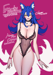 Rule 34 | 1girl, ahri (league of legends), alternate costume, animal ears, arms at sides, blue hair, breasts, character name, citemer, cleavage, clothing cutout, english text, facial mark, fox ears, fox tail, groin, hair between eyes, hair ornament, hairclip, highres, hip focus, large breasts, league of legends, legs together, leotard, lingerie, long hair, looking at viewer, narrow waist, parted bangs, purple background, red background, see-through, side cutout, simple background, smile, solo, standing, tail, teddy (lingerie), thighs, underwear, underwear only, whisker markings, wide hips, yellow eyes