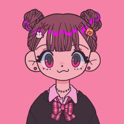 Rule 34 | :3, black sweater, bow, bowtie, braid, brown hair, closed mouth, collared shirt, dot nose, double-parted bangs, double bun, earrings, facing viewer, french braid, hair bun, hair flaps, hair ornament, hairclip, jewelry, layered clothes, lollipop hair ornament, looking at viewer, mi-mi-o, necklace, original, pink background, pink bow, pink bowtie, pink eyes, pink shirt, plaid, plaid bow, plaid bowtie, portrait, shirt, simple background, straight-on, stud earrings, sweater, wing collar, wispy bangs, x hair ornament
