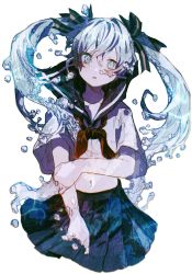 Rule 34 | 1girl, :o, absurdres, blue eyes, blue hair, blue sailor collar, blue skirt, bottle miku, bow, collarbone, commentary, cowboy shot, crossed bangs, hair between eyes, hair bow, hatsune miku, highres, holding own arm, iwai ku tsuki, liquid hair, long hair, looking at viewer, midriff, navel, neckerchief, open mouth, outstretched arm, pleated skirt, red neckerchief, sailor collar, school uniform, serafuku, shadow, shirt, short sleeves, simple background, skirt, solo, twintails, vocaloid, water, water drop, white background, white shirt, wide sleeves