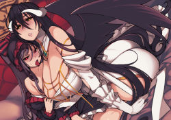 Rule 34 | 2girls, albedo (overlord), alternate breast size, bare shoulders, black hair, breasts, cleavage, demon girl, gloves, hair between eyes, horns, huge breasts, long hair, looking at viewer, low wings, mil (xration), multiple girls, overlord (maruyama), red eyes, shalltear bloodfallen, small breasts, tongue, tongue out, very long hair, wide hips, wings, yellow eyes