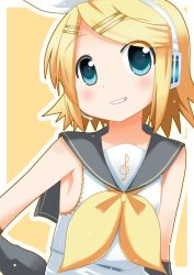 Rule 34 | 1girl, armpits, grin, headphones, kagamine rin, minami (colorful palette), ribbon, simple background, smile, solo, vocaloid