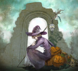 Rule 34 | 1girl, arch, dark souls (series), dark souls i, from software, hair over one eye, halloween, hat, jack-o&#039;-lantern, nukotama, skull, solo, staff, witch beatrice, witch hat