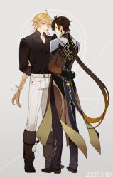 Rule 34 | 2boys, aether (genshin impact), alternate height, arm behind back, belt, black footwear, black gloves, black shirt, blonde hair, blush, boots, braid, braided ponytail, brown hair, closed eyes, closed mouth, coattails, collarbone, collared shirt, commentary request, dated, earrings, formal, genshin impact, gloves, gradient hair, grey background, hair between eyes, height difference, highres, jacket, jewelry, long hair, long sleeves, male focus, maomi233, multicolored hair, multiple boys, necktie, orange hair, pants, ponytail, shirt, shoes, simple background, single earring, standing, suit, tassel, tassel earrings, thumb ring, white necktie, yellow eyes, zhongli (genshin impact)