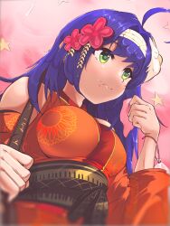 1girl absurdres ahoge bare_shoulders breasts closed_mouth fire_emblem fire_emblem:_path_of_radiance fire_emblem_heroes food food_on_face green_eyes hairband highres japanese_clothes keldancon kimono mask mask_on_head mia_(fire_emblem) mia_(yukata)_(fire_emblem) nintendo official_alternate_costume purple_hair solo star_(symbol) upper_body white_hairband yukata