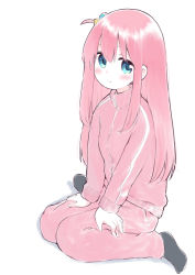 Rule 34 | 1girl, absurdres, black socks, blue eyes, blush, bocchi the rock!, cube hair ornament, full body, gotoh hitori, hair ornament, highres, jacket, long hair, looking at viewer, no shoes, one side up, pants, pink hair, pink jacket, pink pants, pink track suit, simple background, sitting, socks, solo, tamura-chan, track jacket, track pants, wariza, white background