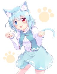 Rule 34 | 1girl, animal ear fluff, animal ears, blue eyes, blue hair, blue skirt, blue vest, cat day, cat ears, cat tail, clenched hands, closed mouth, cowboy shot, heterochromia, highres, juliet sleeves, long sleeves, looking at viewer, paw print, puffy sleeves, red eyes, saisyuusensi, shirt, short hair, skirt, smile, solo, standing, tail, tatara kogasa, tongue, tongue out, touhou, vest, white background, white shirt