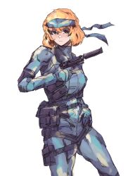Rule 34 | 1girl, absurdres, ammunition pouch, bandana, breasts, cer00l, commentary, cosplay, english commentary, freckles, gun, h&amp;k mark 23, hand on own hip, handgun, highres, ishmael (project moon), limbus company, looking at viewer, medium breasts, metal gear (series), metal gear solid, offensive handgun, orange hair, pouch, project moon, simple background, sneaking suit, solid snake, solid snake (cosplay), suppressor, weapon, white background