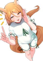 Rule 34 | 1girl, absurdres, animal ear fluff, animal ears, commentary request, fox ears, fox girl, fox shadow puppet, fox tail, green ribbon, highres, kudamaki tsukasa, mandarin collar, ribbon, romper, simple background, smile, solo, speech bubble, tail, textless version, touhou, urizaku3, white background, white romper, yellow eyes