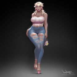 Rule 34 | 1girl, ass, black background, blonde hair, blue eyes, blush, breasts, cleavage, clothing cutout, covered erect nipples, curvy, denim, earrings, high heels, jeans, jewelry, large breasts, long hair, looking at viewer, mario (series), nintendo, nipples, no bra, pants, pinkdrawz, platform mules, princess peach, see-through, shirt, sleeveless, solo, standing, super mario bros. 1, taut clothes, walking, wide hips