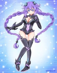 Rule 34 | 10s, 1girl, amai-tapioca, blue eyes, braid, breasts, cleavage, cleavage cutout, clothing cutout, covered navel, gloves, hair ornament, large breasts, leotard, long hair, looking at viewer, neptune (neptunia), neptune (series), purple hair, purple heart (neptunia), solo, symbol-shaped pupils, thigh gap, twin braids, very long hair