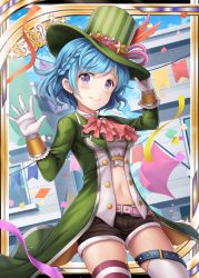 Rule 34 | 1girl, akkijin, belt, blue hair, blush, braid, breasts, card (medium), cleavage, confetti, feathers, flag, gloves, green hat, green jacket, hand up, hat, jacket, looking at viewer, medium breasts, navel, official art, outdoors, parade, purple eyes, shinkai no valkyrie, short hair, short shorts, shorts, shy, smile, solo, star (symbol), thighhighs, white gloves