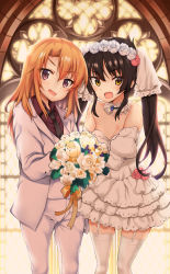 Rule 34 | 2girls, :d, bare shoulders, black hair, black neckwear, bouquet, breasts, brown eyes, brown hair, brown shirt, cleavage, collar, collared shirt, commentary request, dress, flower, formal, frilled collar, frills, hair between eyes, hair flower, hair ornament, head tilt, highres, holding, holding bouquet, idolmaster, idolmaster cinderella girls, indoors, jacket, juliet sleeves, kazuchi, long hair, long sleeves, looking at viewer, matoba risa, medium breasts, multiple girls, necktie, open mouth, pant suit, pants, puffy sleeves, rose, shirt, smile, strapless, strapless dress, suit, thighhighs, twintails, v-shaped eyebrows, very long hair, vest, wedding dress, white dress, white flower, white jacket, white legwear, white pants, white rose, white vest, window, yellow eyes, yuri, yuuki haru