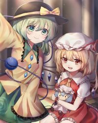 Rule 34 | 2girls, absurdres, ascot, blonde hair, character doll, checkered floor, cowboy shot, hugging doll, fang, flandre scarlet, floral print, frilled shirt collar, frilled skirt, frills, green eyes, green hair, green skirt, hair between eyes, hat, hat ribbon, highres, indoors, komeiji koishi, long sleeves, looking at viewer, mob cap, multiple girls, hugging object, on floor, open clothes, outstretched arm, pillar, pudding (skymint 028), puffy short sleeves, puffy sleeves, reaching, reaching towards viewer, red eyes, red skirt, red vest, remilia scarlet, ribbon, rose print, selfie, shirt, short hair, short sleeves, side ponytail, sitting, skirt, smile, standing, third eye, tile floor, tiles, touhou, vest, white shirt, wing collar, wings, yellow ascot, yellow shirt