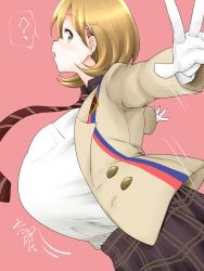 Rule 34 | 10s, 1girl, :o, ?, arms behind back, bouncing breasts, breasts, brown eyes, brown hair, foreshortening, gigantic breasts, gloves, hair ornament, hairclip, highres, jacket, jumping, looking at viewer, looking to the side, motion lines, narusawa ryouka, necktie, occultic;nine, open clothes, open jacket, outstretched hand, parted lips, pink background, plaid, plaid skirt, profile, shirt, shirt tucked in, short hair, sideways glance, simple background, skirt, solo, striped necktie, striped neckwear, white gloves, white shirt, yue (show-ei)
