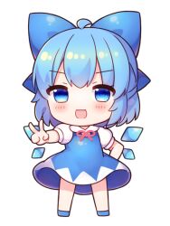 Rule 34 | 1girl, ahoge, blue bow, blue dress, blue eyes, blue footwear, blue hair, blush, bow, cirno, coa (chroo x), collared shirt, detached wings, dress, fairy, full body, hair bow, ice, ice wings, open mouth, shirt, shoes, short hair, short sleeves, simple background, smile, solo, touhou, v, white background, white shirt, wings